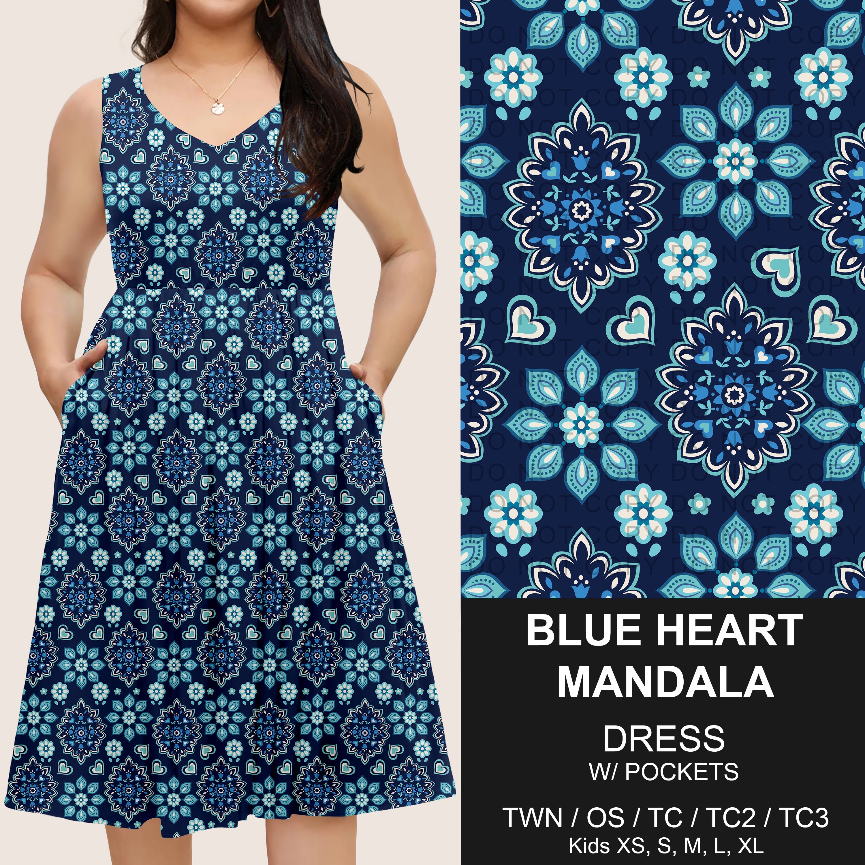 B275 - Preorder Blue Heart Mandala Sleeveless Pocket Dress (Closes 2/25. ETA: early May)