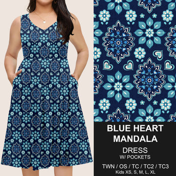 B275 - Preorder Blue Heart Mandala Sleeveless Pocket Dress (Closes 2/25. ETA: early May)