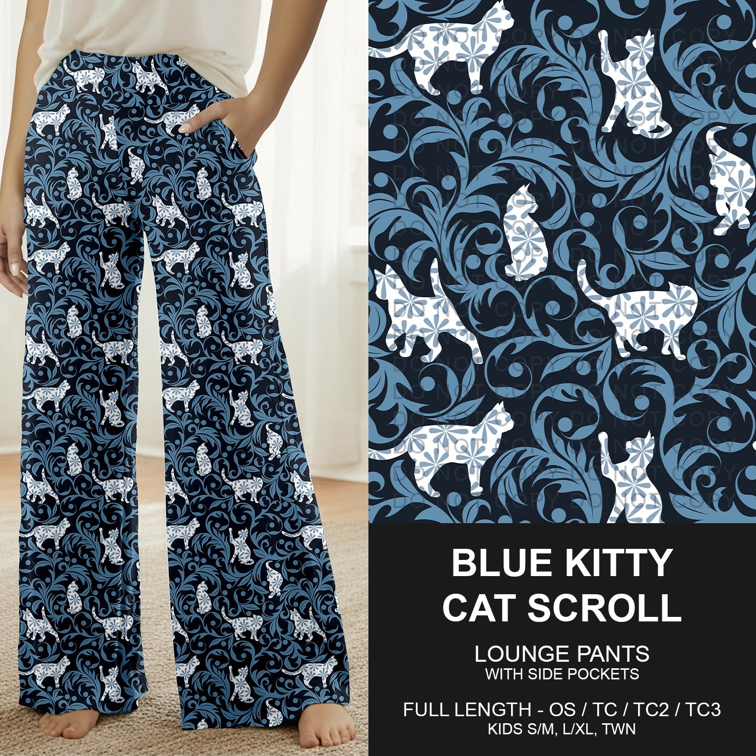 B265 - Preorder Blue Kitty Cat Scroll Lounge Pants (Closes 12/14. ETA mid Feb.)