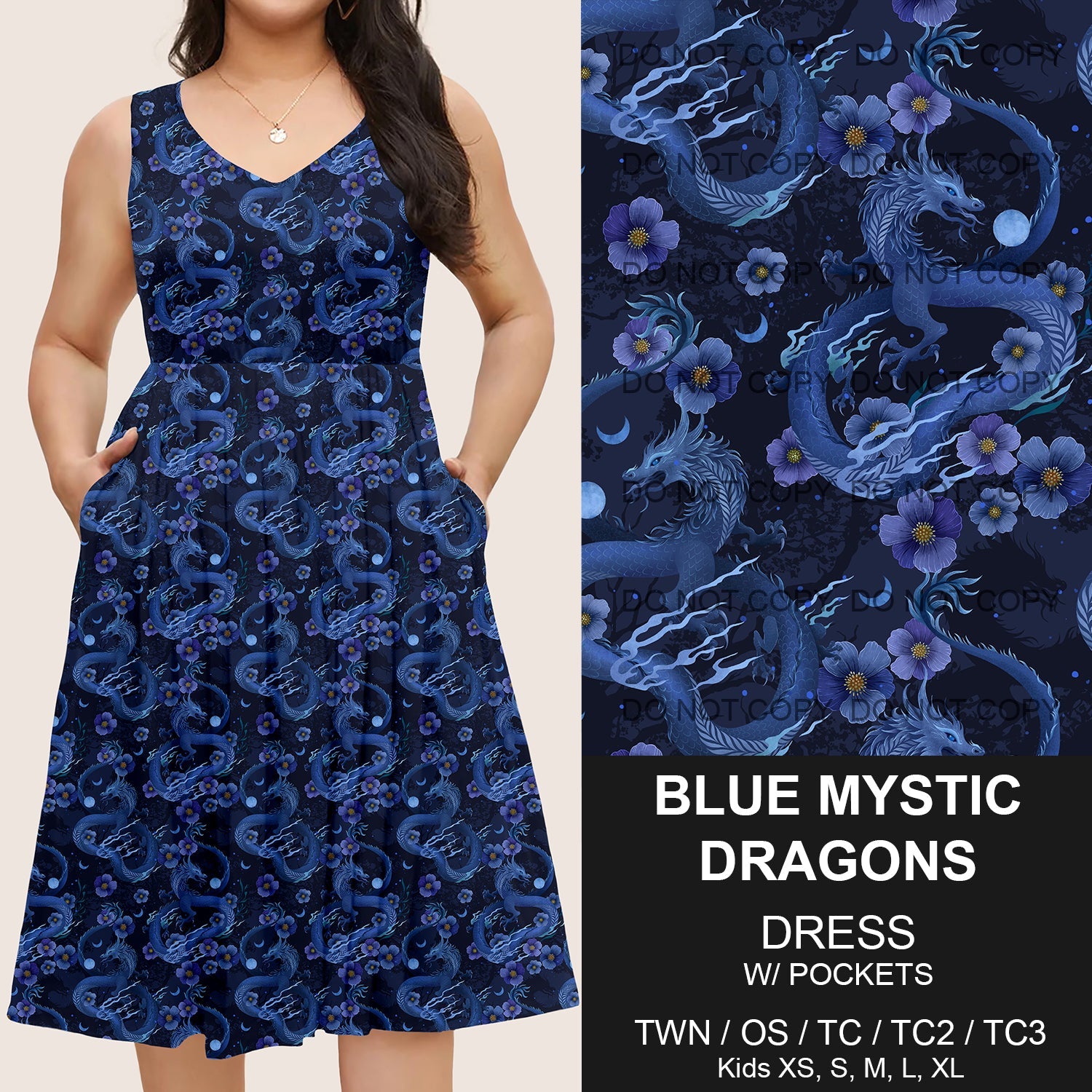 B217 - Preorder Blue Mystic Dragon Sleeveless Pocket Dress (Closes 3/12. ETA: late May)