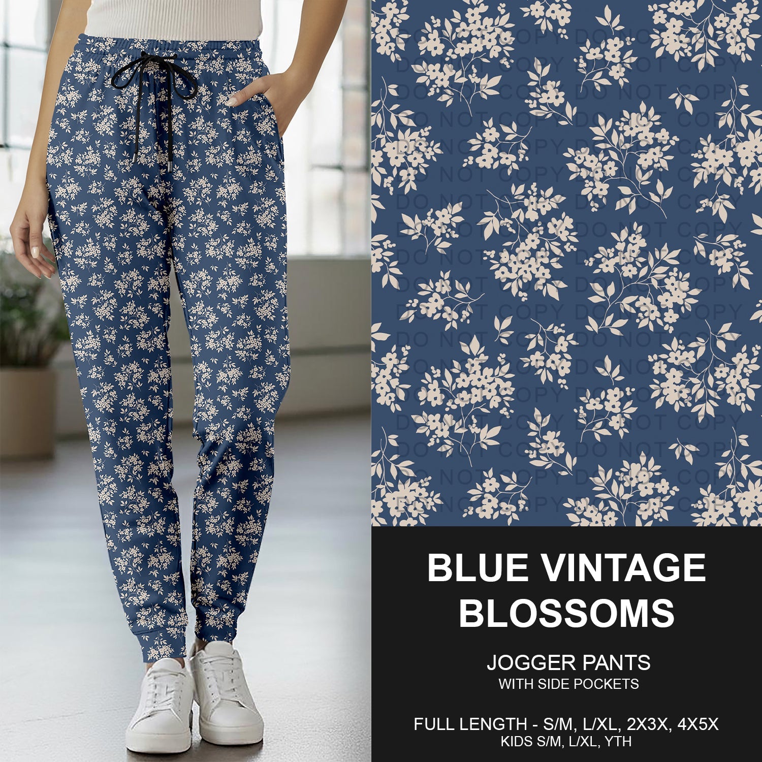 B262 - Preorder Blue Vintage Blossoms Joggers (Closes 11/23. ETA late Jan.)