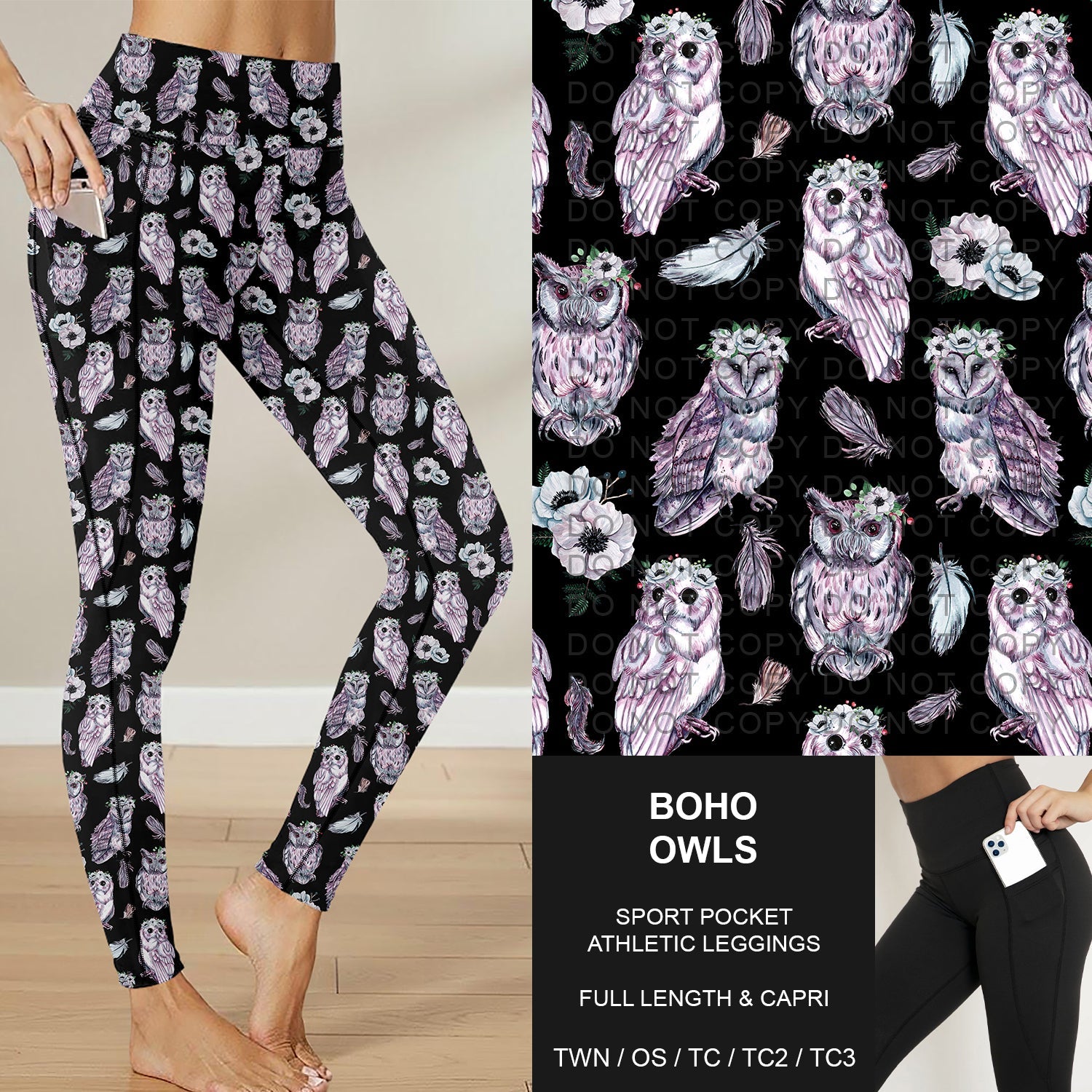 B283 - Preorder Boho Owls Sport Pocket Leggings (Closes 4/05. ETA: mid June)
