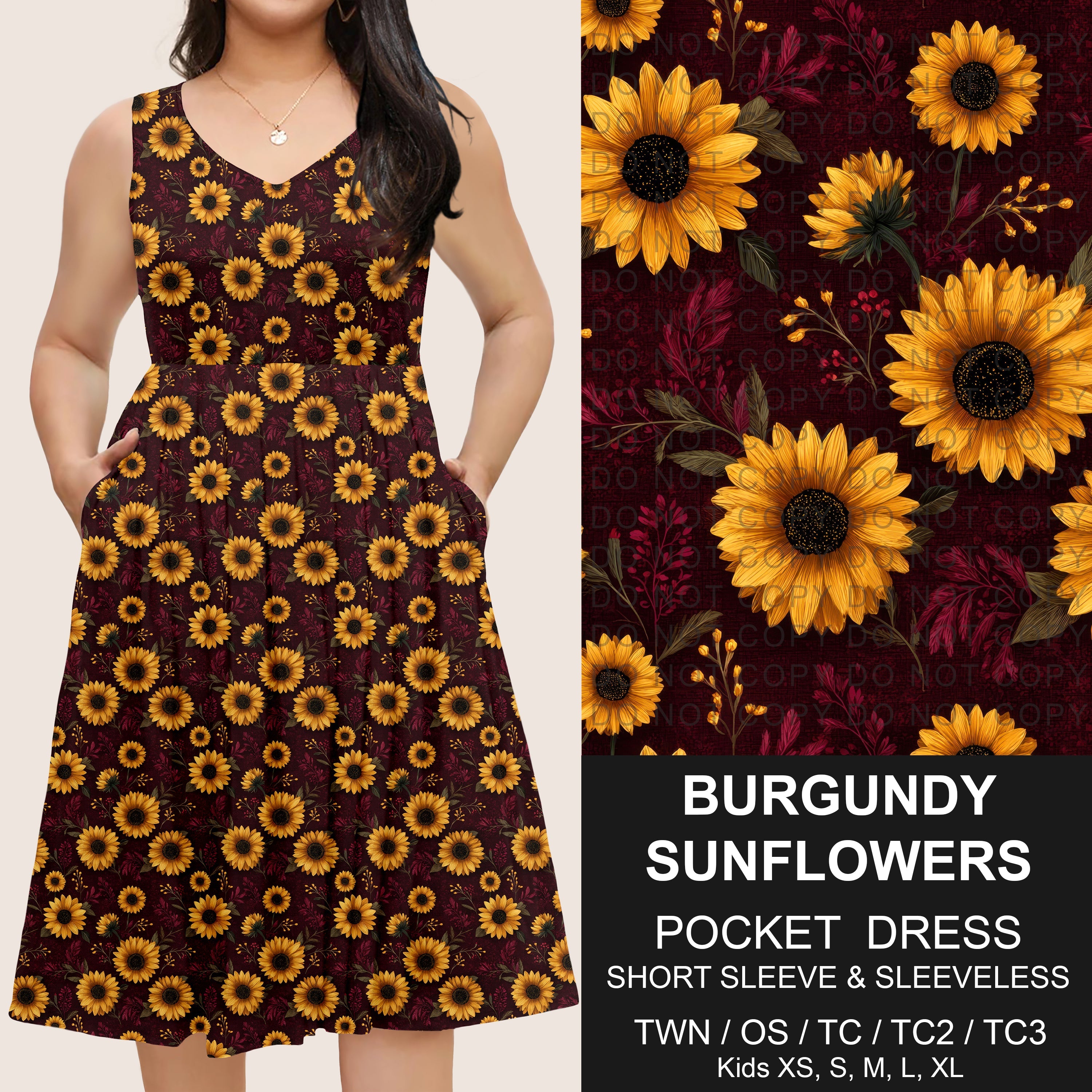 B302 - Preorder Burgundy Sunflowers Pocket Dress (Closes 7/24. ETA: early Oct)