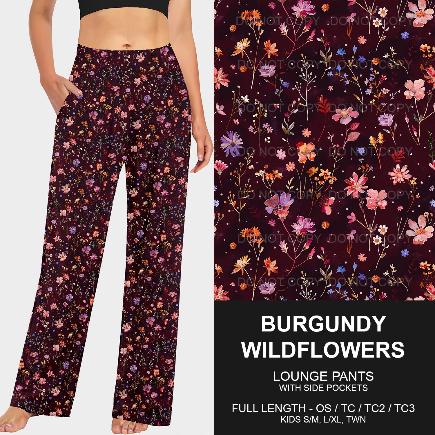 B190 - Preorder Burgandy Wildflowers Lounge Pants (Closes 10/27. ETA late Dec.)