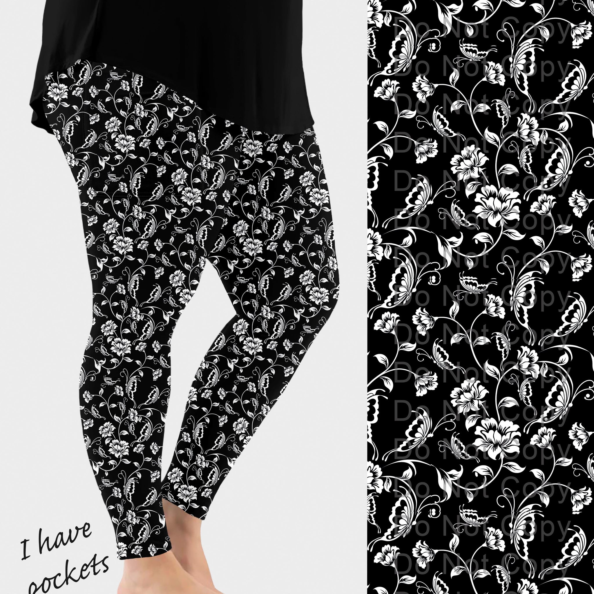 RTS - BW Butterfly Flowers Leggings w/ Pockets