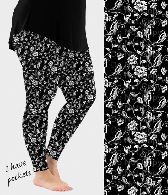 RTS - BW Butterfly Flowers Leggings w/ Pockets