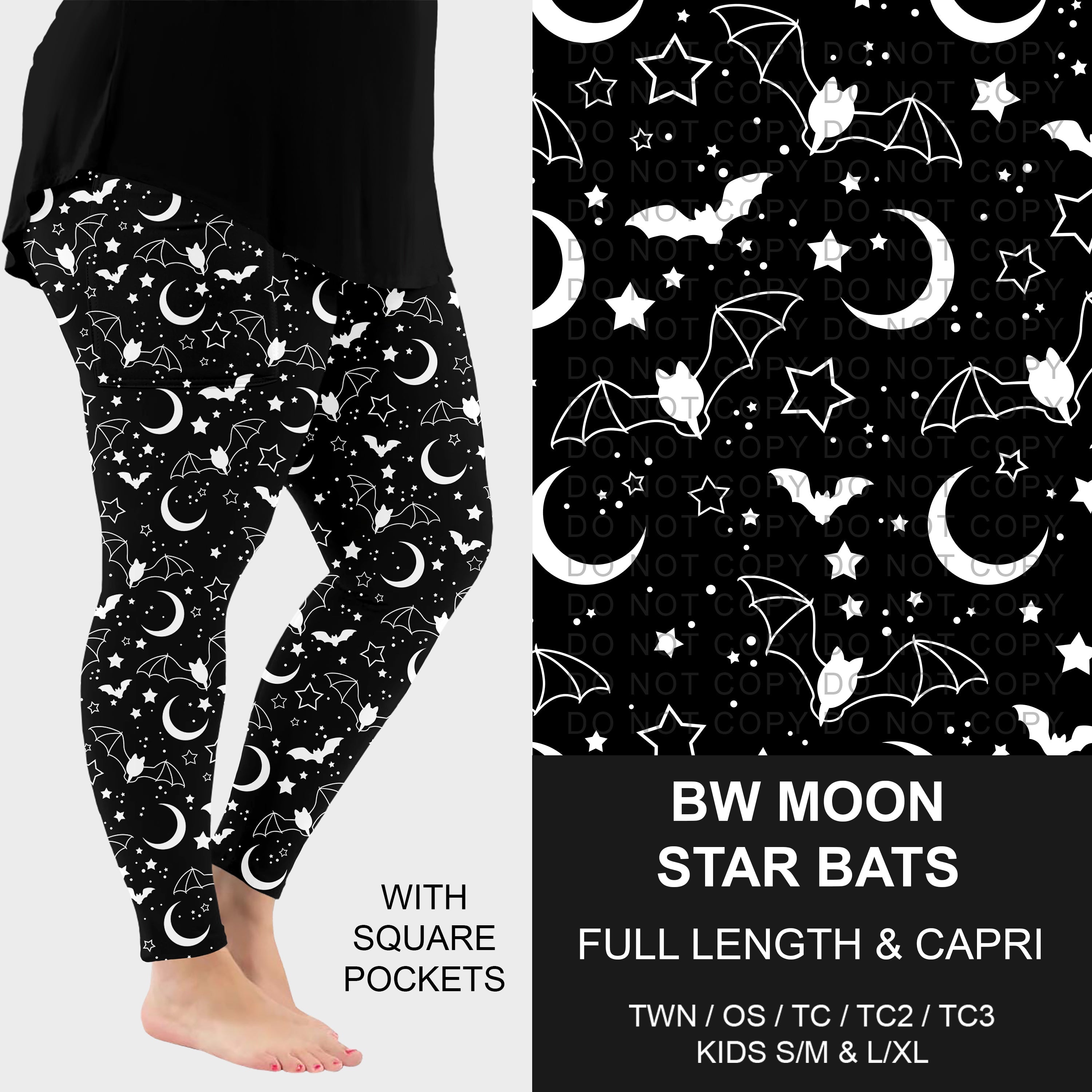 B305 - Preorder BW Moon Star Bats Leggings w/ Pockets (Closes 8/02. ETA: early Oct.)
