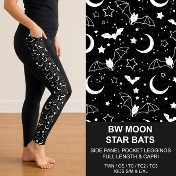 B305 - Preorder BW Moon Star Bats Side Panel Pocket Leggings (Closes 8/02. ETA: early Oct.)