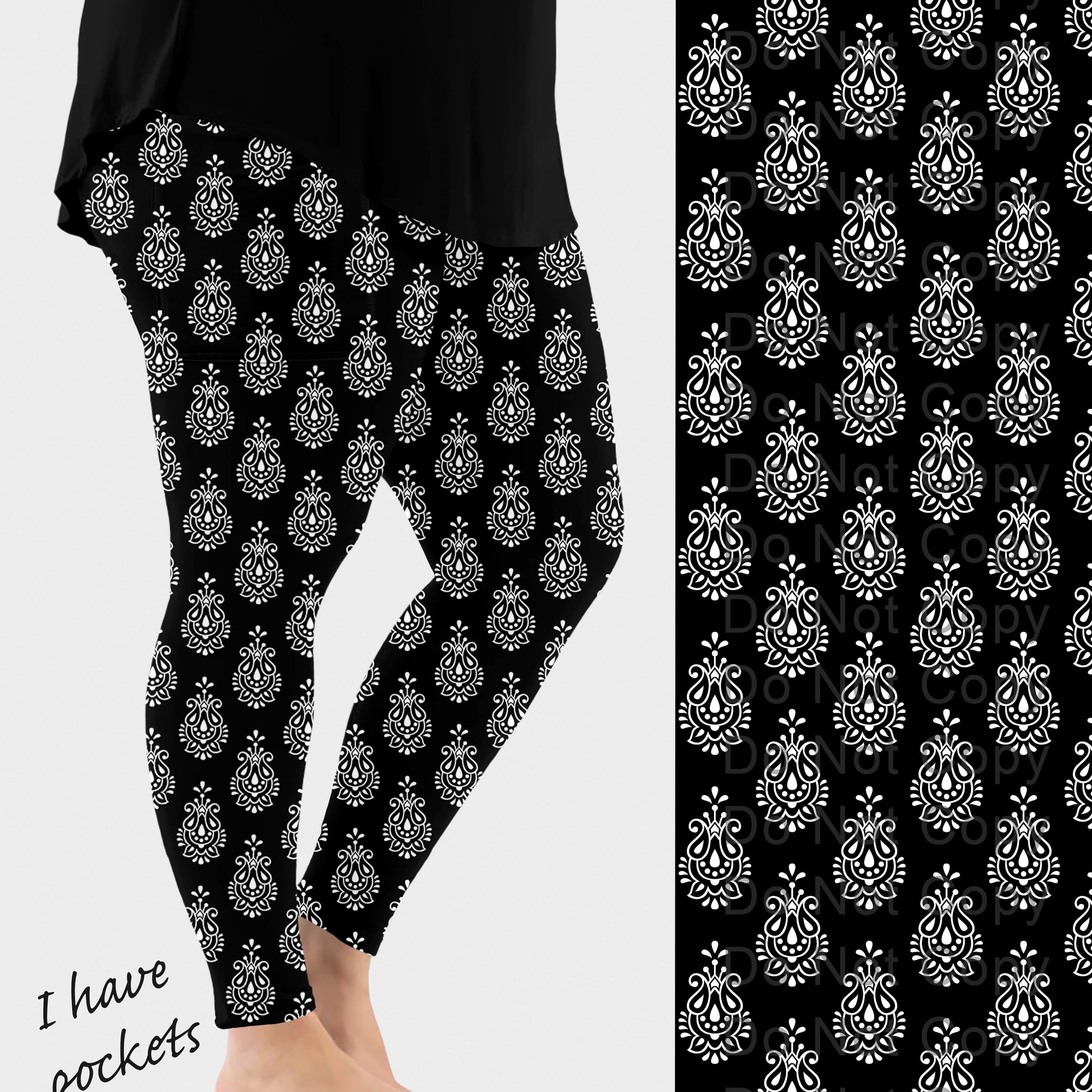 RTS - BW Paisley Pattern Leggings w/ Pockets