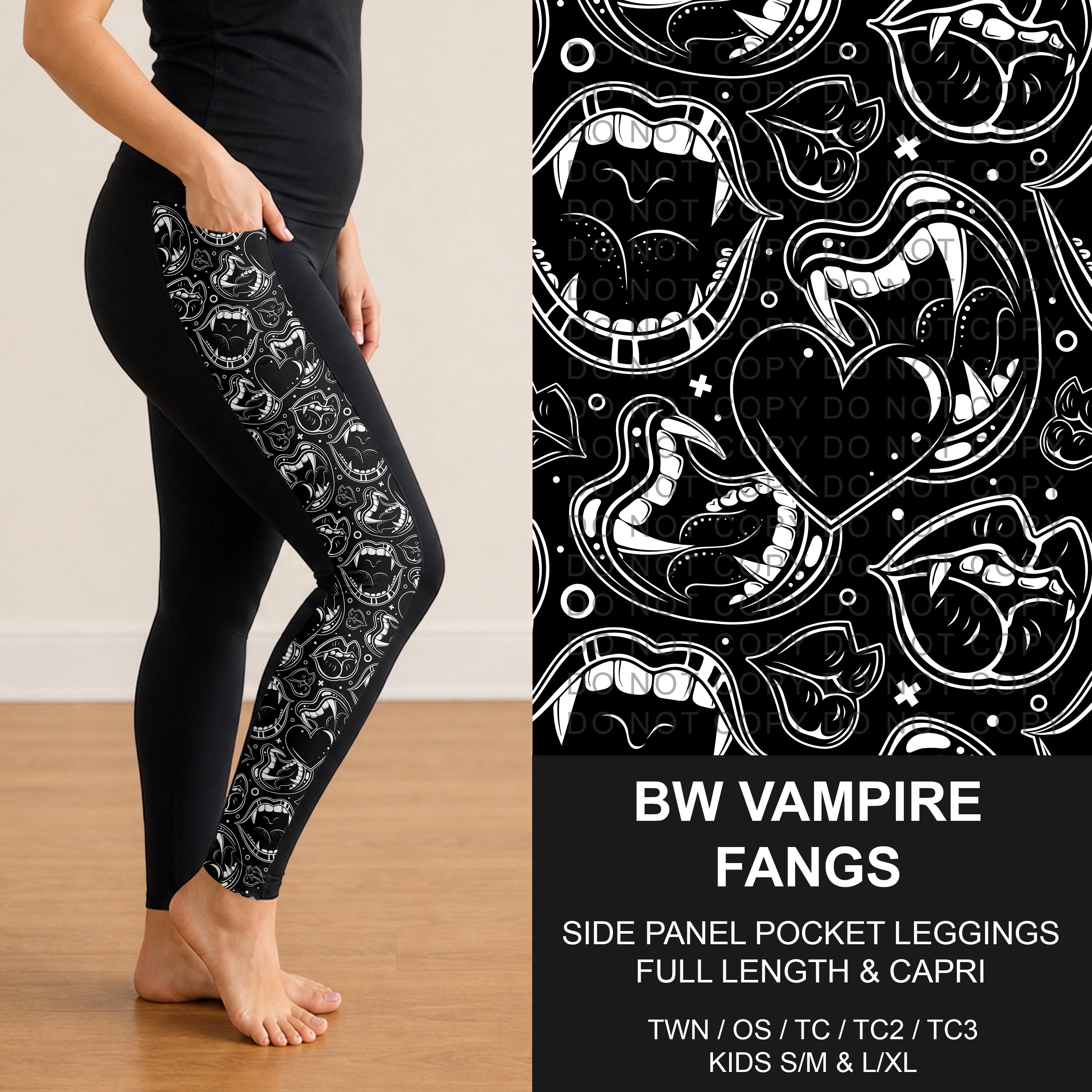 B295 - Preorder BW Vampire Fangs Side Panel Pocket Leggings (Closes 6/14. ETA: late Aug.)