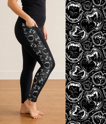 RTS - BW Vampire Fangs Side Panel Leggings with Pockets