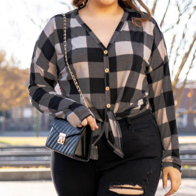 Ivory and Black Buffalo Plaid Button-Up Cardigan - V-Neck with Front Tie Detail