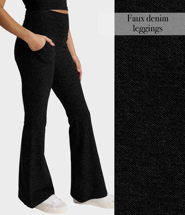 RTS - Black Faux Denim Flare Leggings w/ Pockets