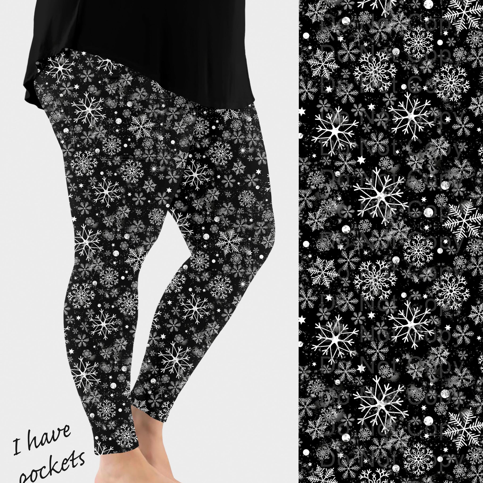 RTS - Black Snowflakes Leggings w/ Pockets