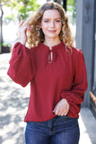 Feeling Femme Off Burgundy Frilled Edge V Neck Tie Top