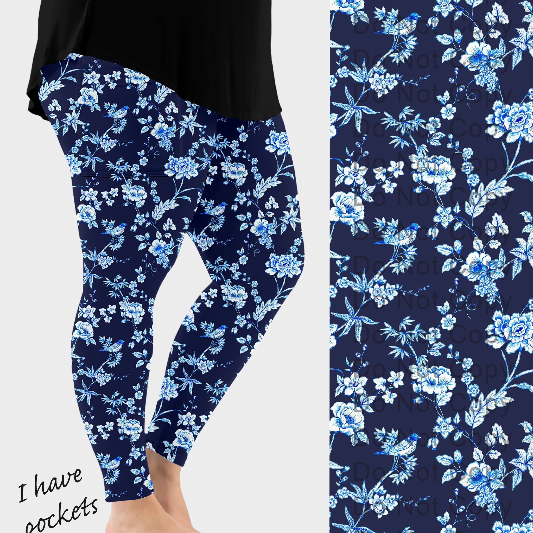 RTS - Blue and White Floral Birds Leggings w/ Pockets