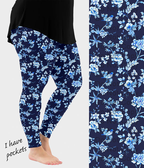 RTS - Blue and White Floral Birds Leggings w/ Pockets