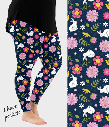 RTS - Blue Floral Bunny Leggings w/ Pockets