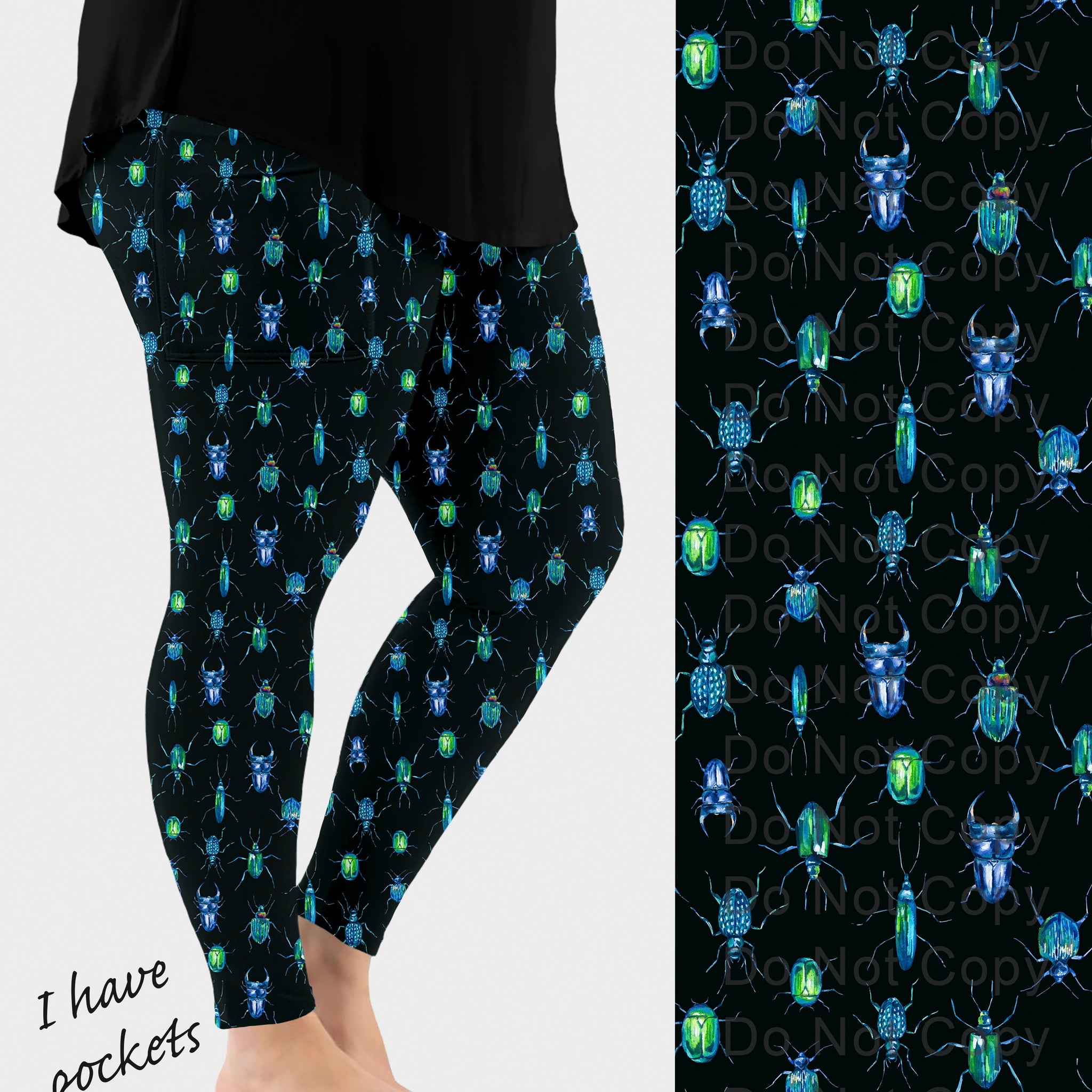 RTS - Blue Green Beetles Leggings w/ Pockets