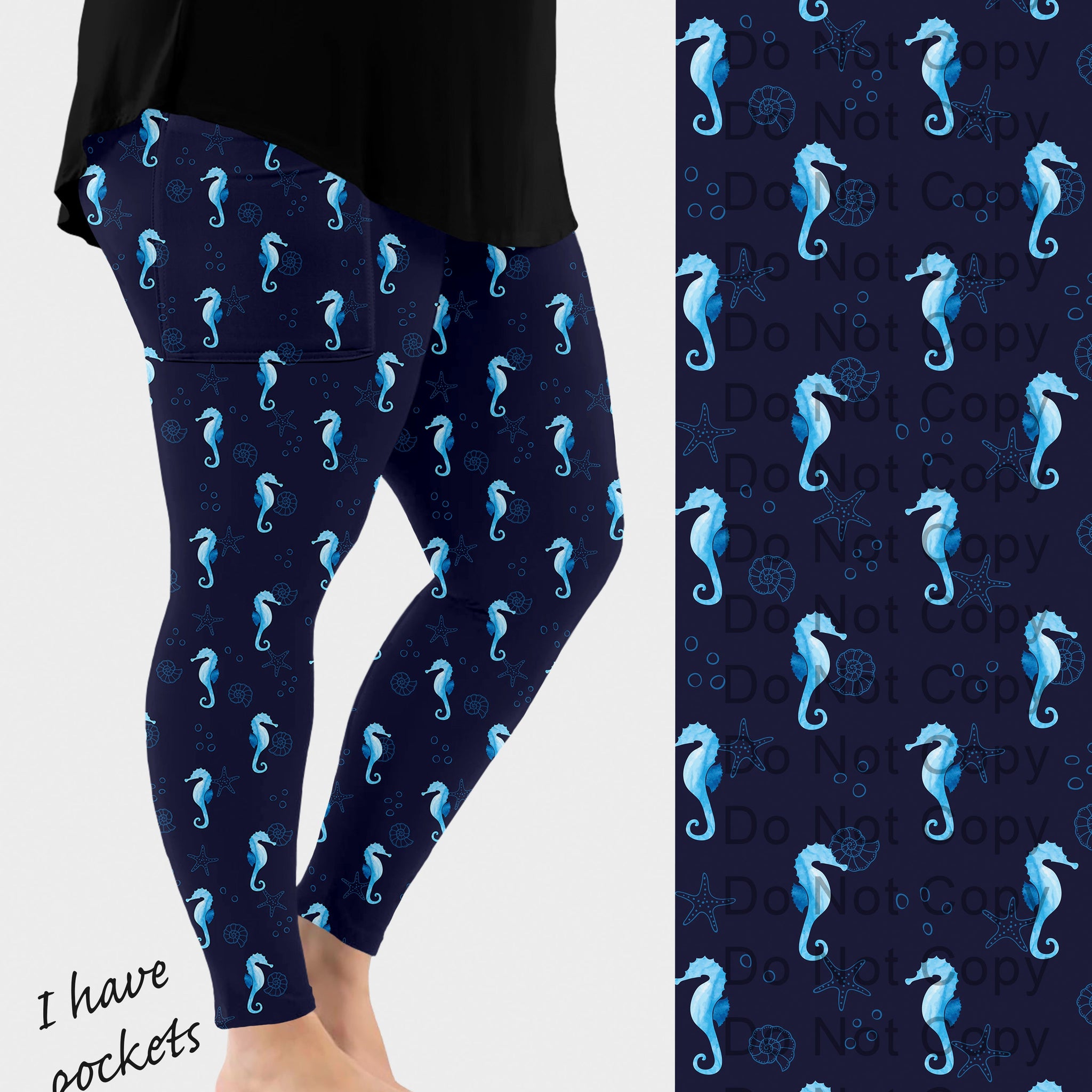 RTS - Blue Seahorse Leggings w/ Pockets
