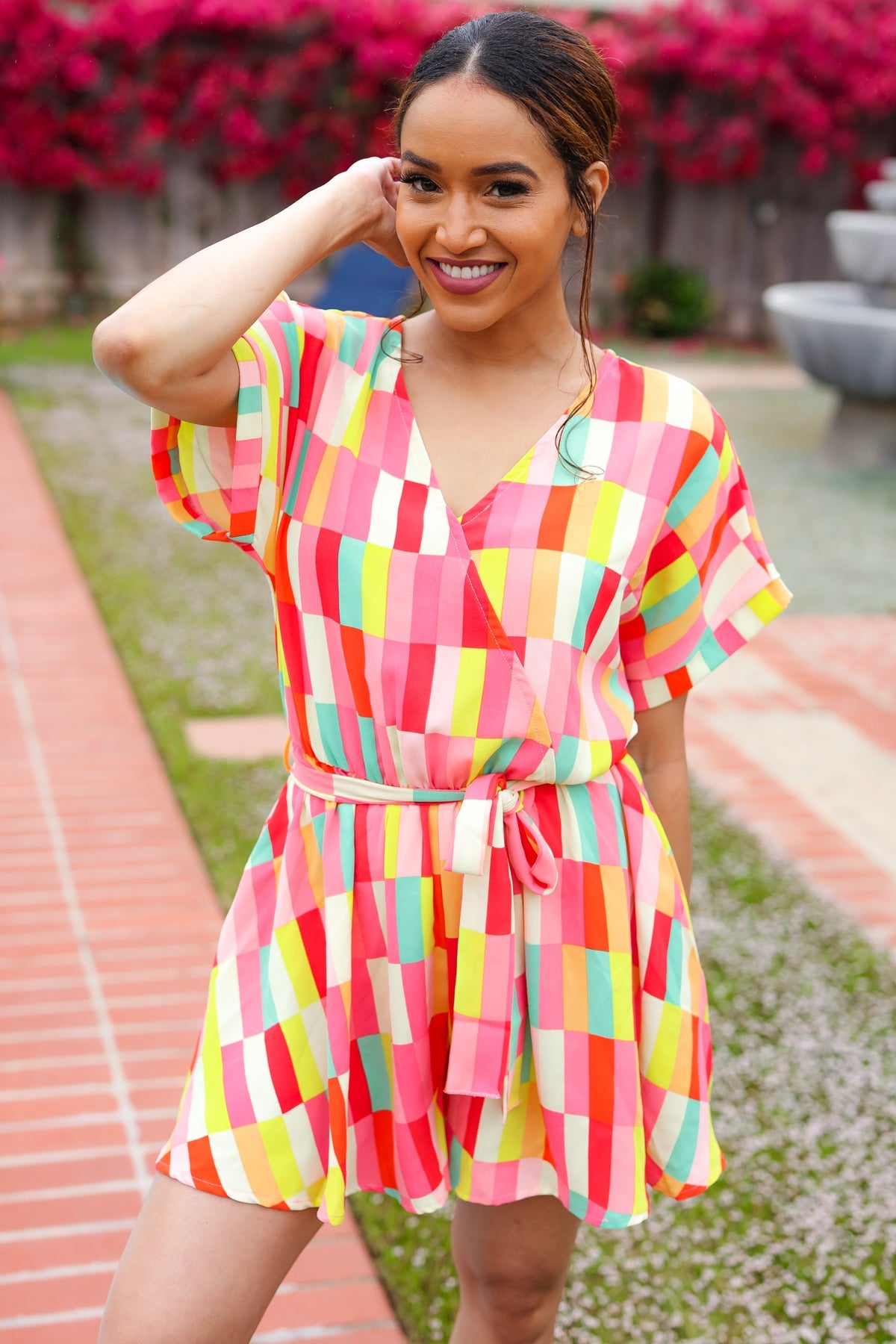Eyes On You Coral Geo Abstract Surplice Woven Romper