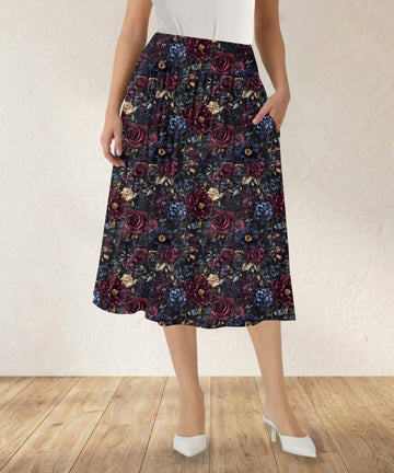 RTS - Burgundy Blooms Swing Skirt with Pockets