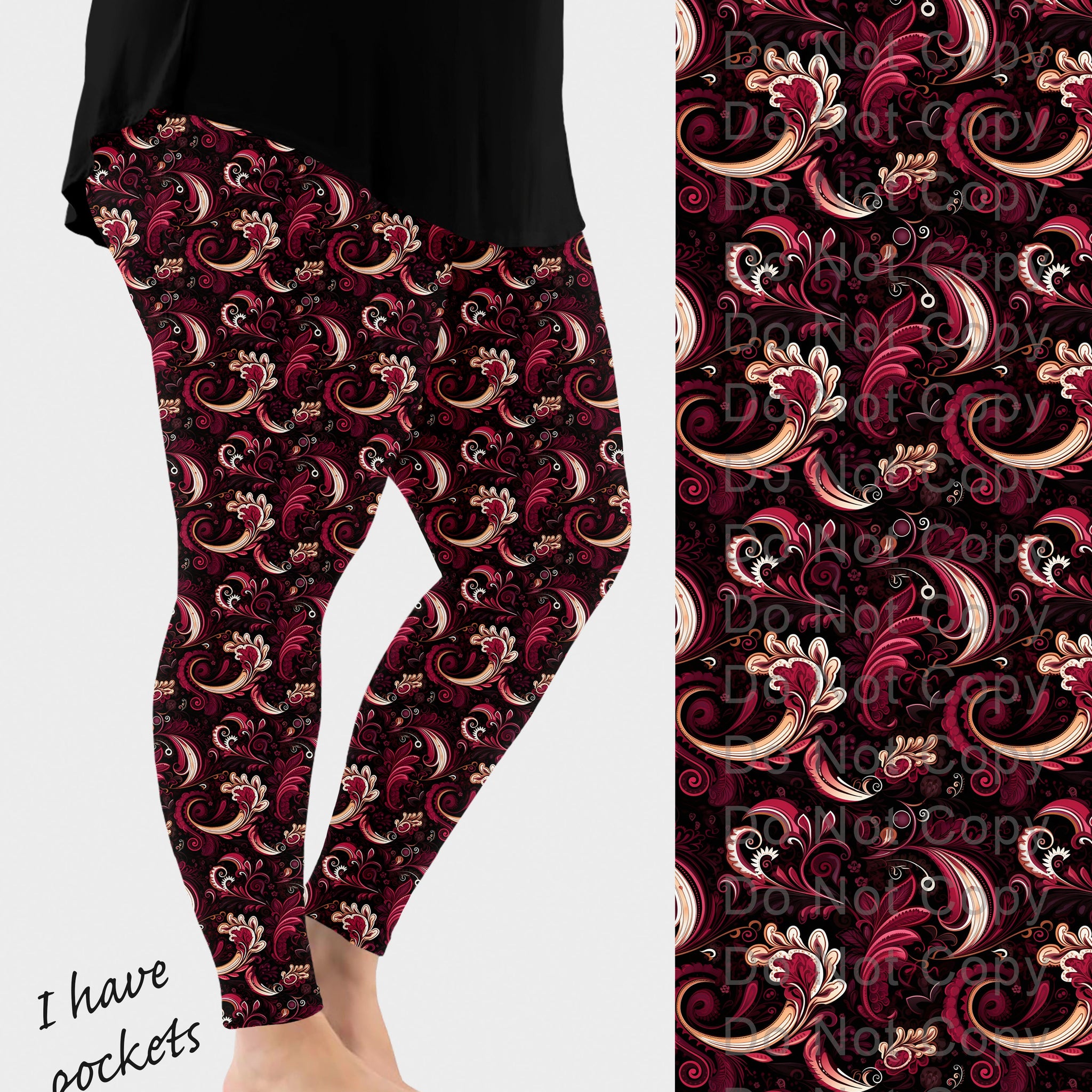 RTS - Burgundy Paisley Leggings w/ Pockets