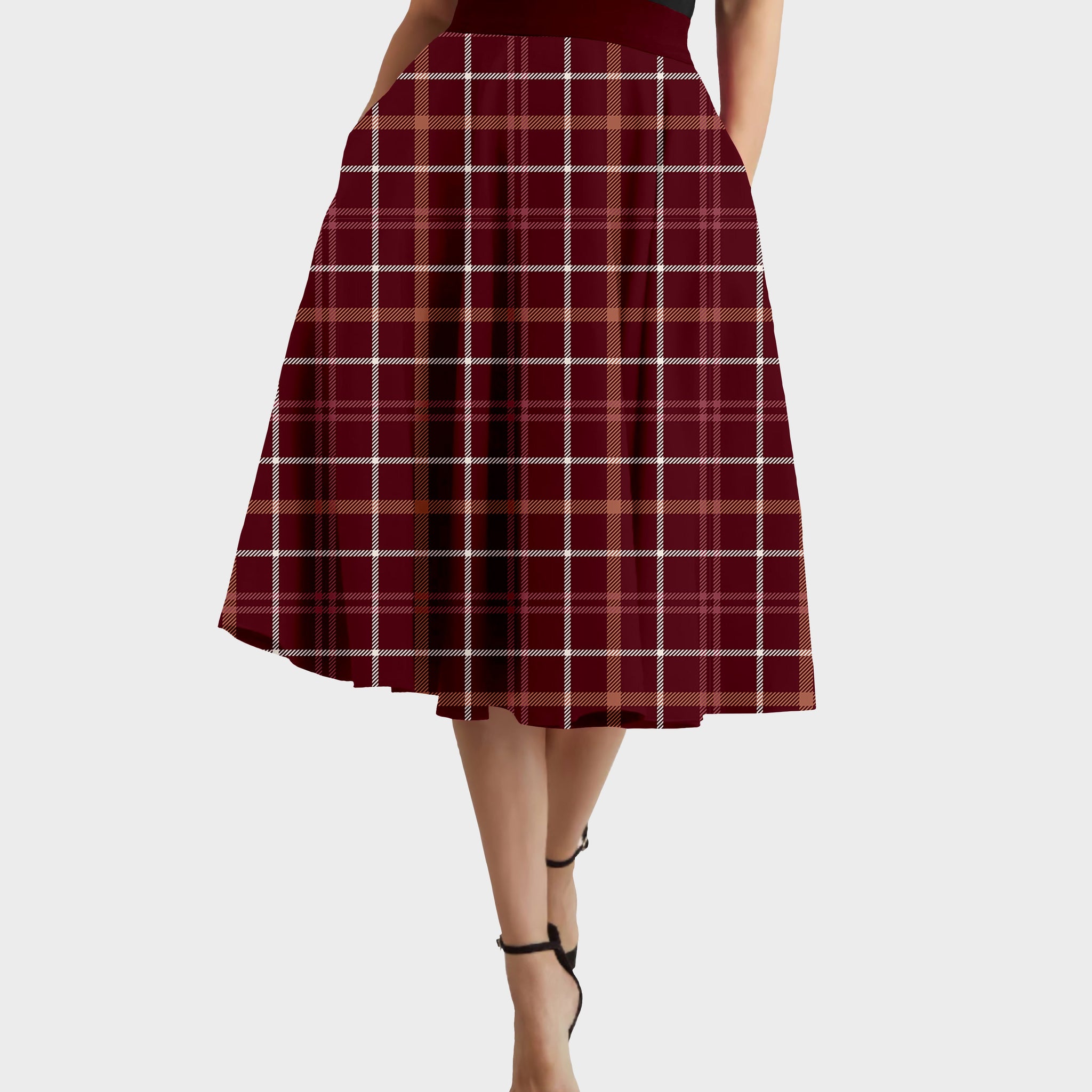 RTS - Burgundy Plaid Swing Skirt w/ Pockets