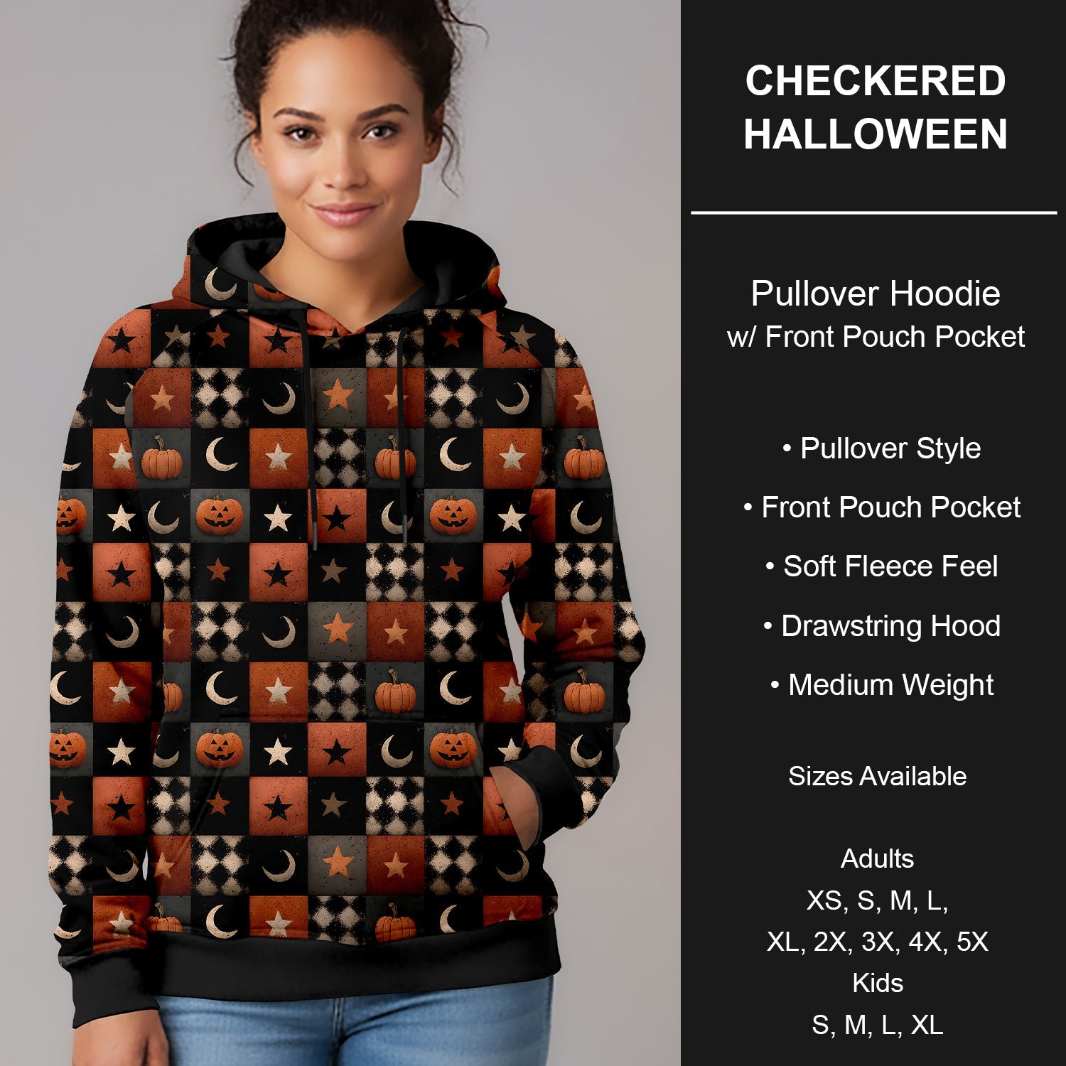 B299 - Preorder Checkered Halloween Pullover Hoodie (Closes 7/12. ETA mid Sept.)