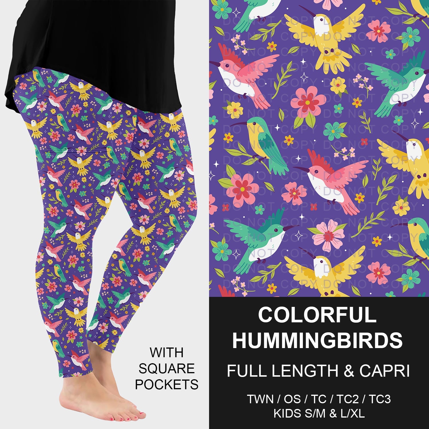 B294 - Preorder Colorful Hummingbirds on Purple Leggings w/ Pockets (Closes 6/07. ETA: early Aug.)