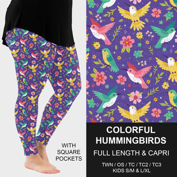 B294 - Preorder Colorful Hummingbirds on Purple Leggings w/ Pockets (Closes 6/07. ETA: early Aug.)