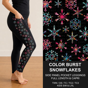 B303 - Preorder Color Burst Snowflakes Side Panel Pocket Leggings (Closes 7/26. ETA: early Oct.)