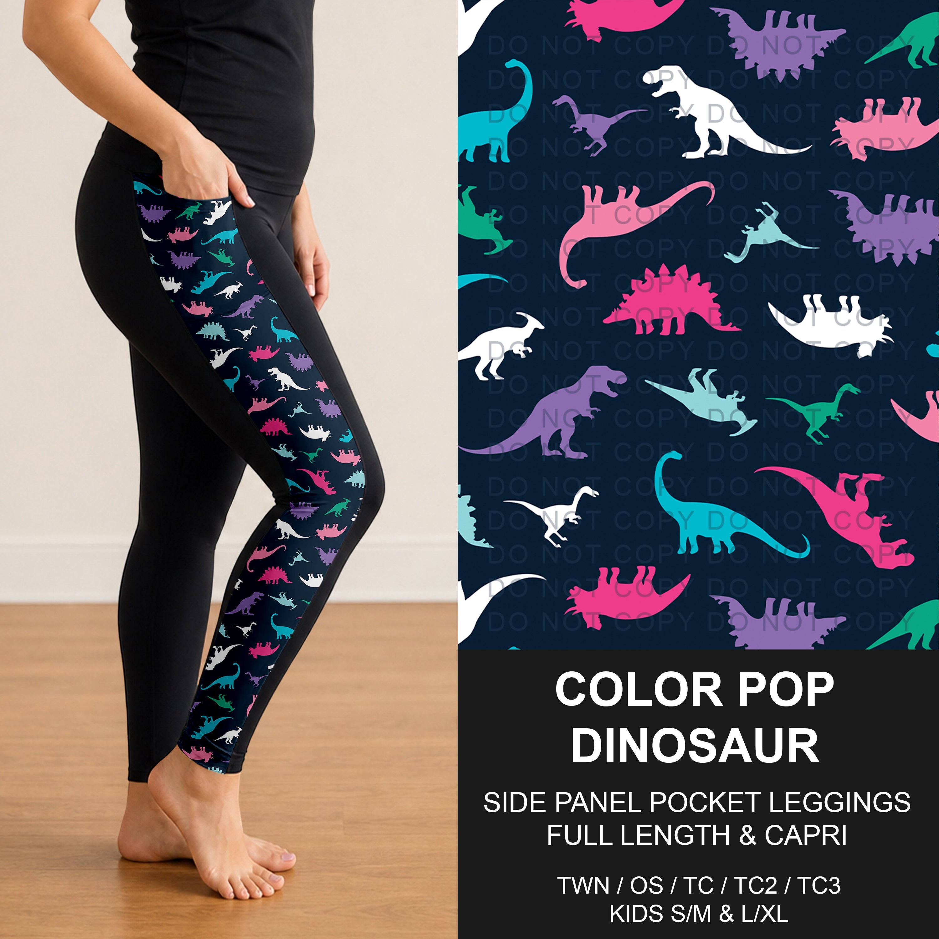 B300 - Preorder Color Pop Dinosaur Side Panel Pocket Leggings (Closes 7/15. ETA: mid Sept.)