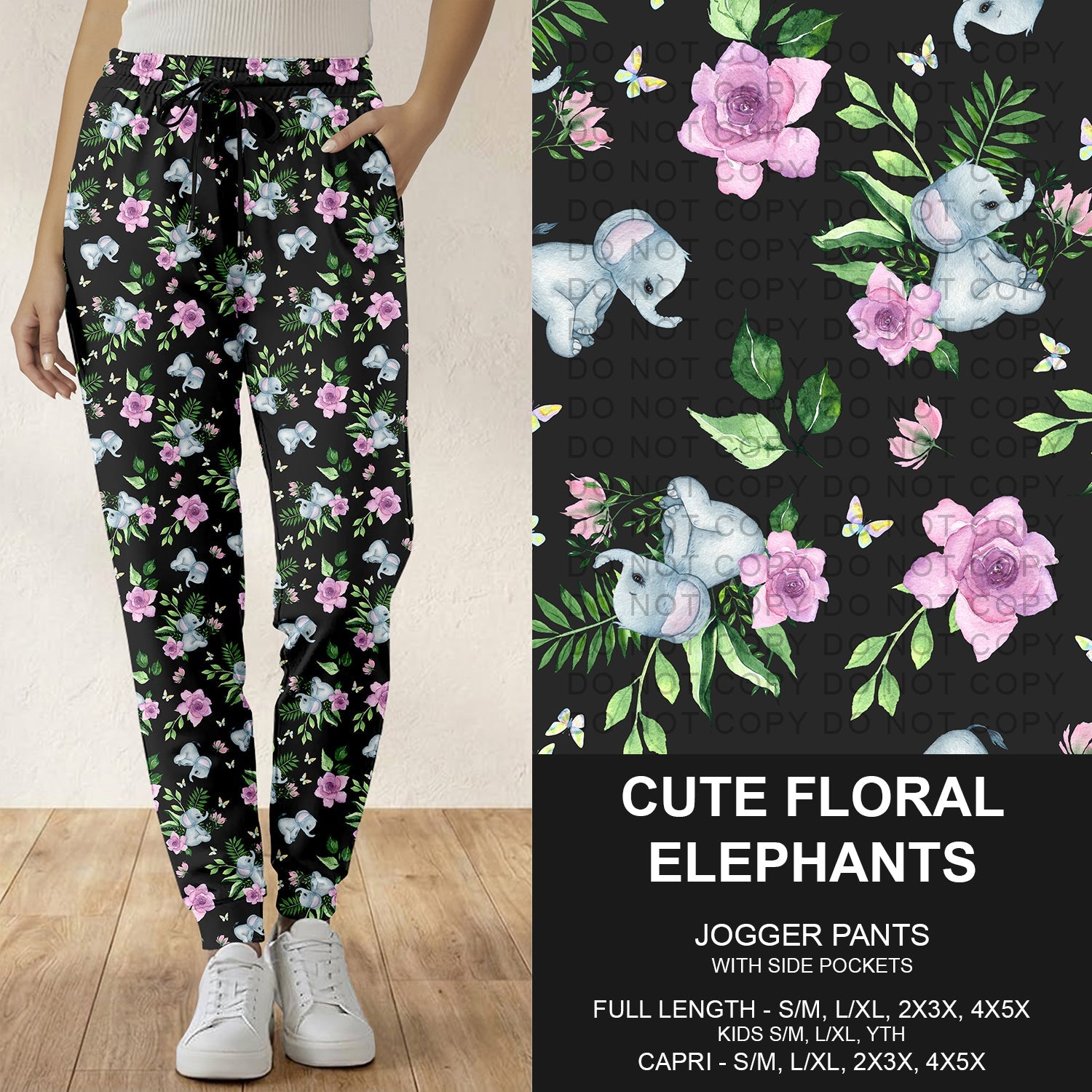 B283 - Preorder Cute Floral Elephants Joggers (Closes 4/05. ETA: mid June)