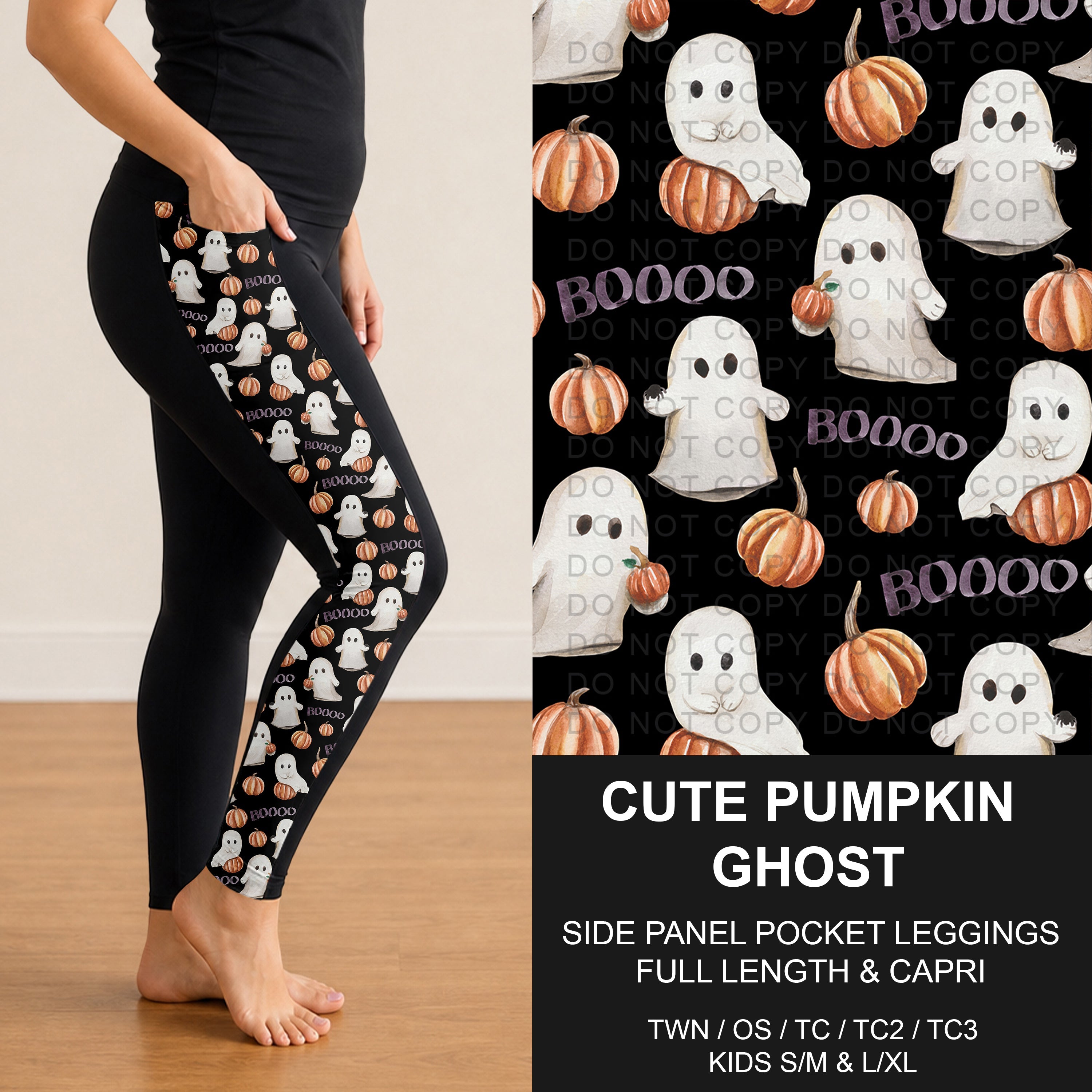 B299 - Preorder Cute Pumpkin Ghost Side Panel Pocket Leggings (Closes 7/12. ETA: mid Sept.)
