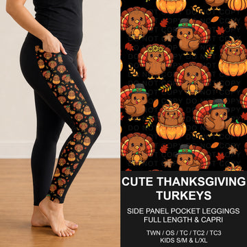 B308 - Preorder Cute Thanksgiving Turkeys Side Panel Pocket Leggings (Closes 8/16. ETA: late Oct.)