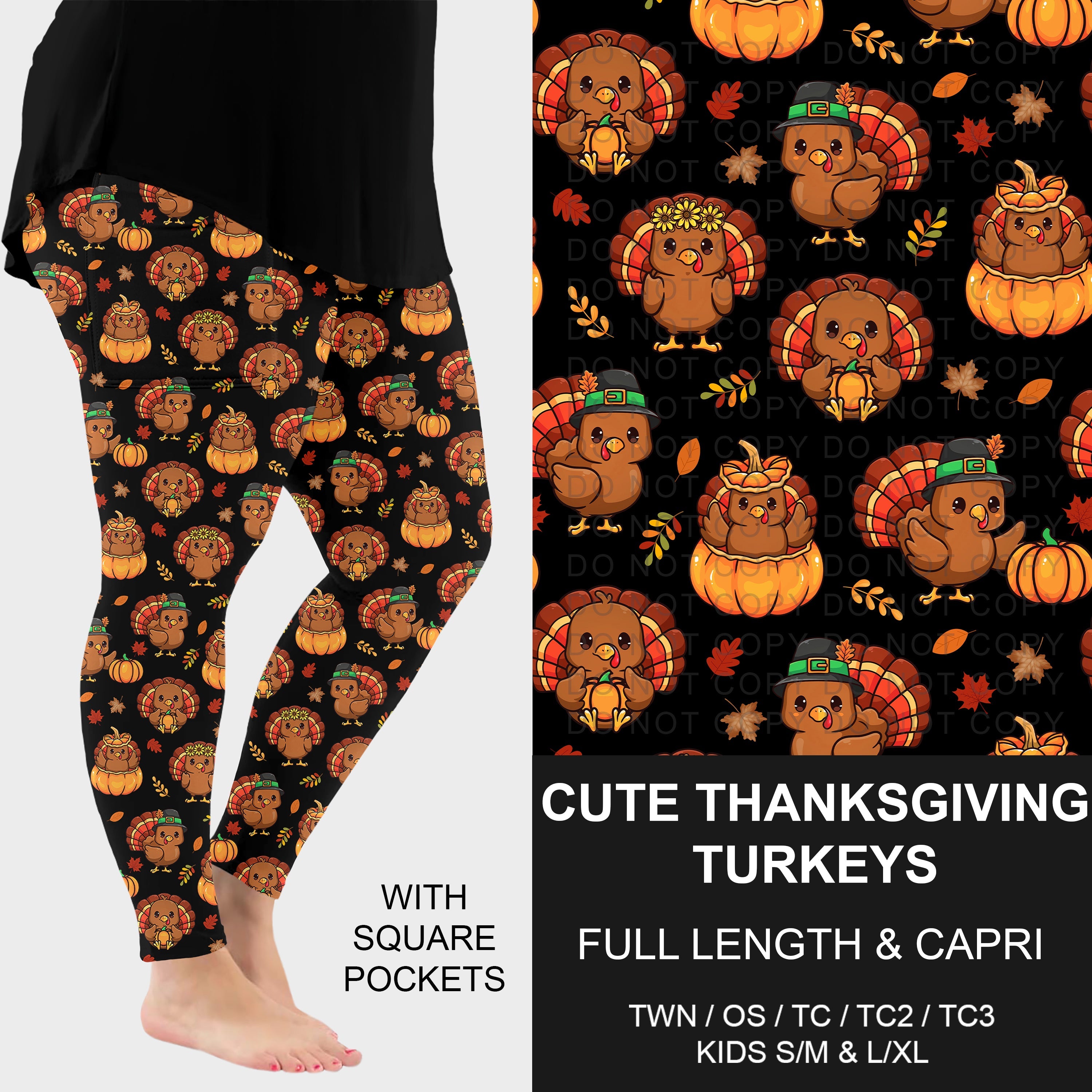 B308 - Preorder Cute Thanksgiving Turkeys Leggings w/ Pockets (Closes 8/16. ETA: late Oct.)