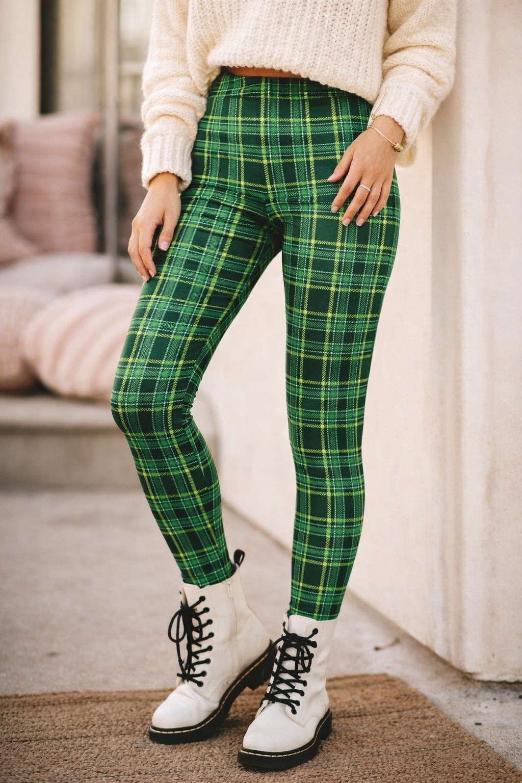Green Plaid Print Soft High Waisted Leggings - St. Patrick’s Day Tartan Plaid, Aesthetic Dark Green & Lime Checkered Leggings