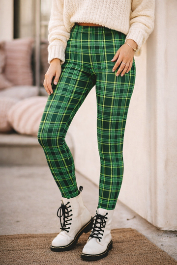 Green Plaid Print Soft High Waisted Leggings - St. Patrick’s Day Tartan Plaid, Aesthetic Dark Green & Lime Checkered Leggings