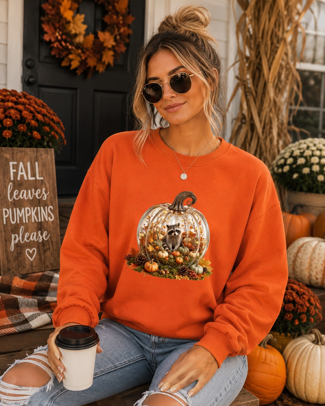 Cozy Pumpkin Fall Raccoon Sweatshirt