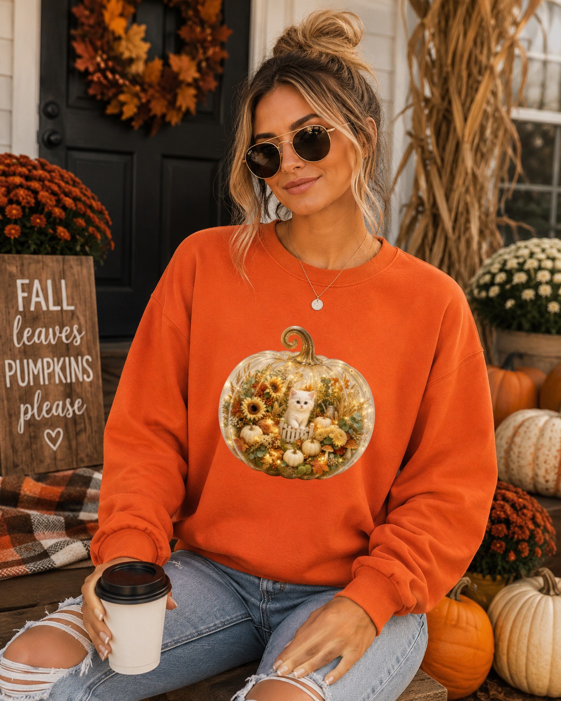 Cozy Pumpkin White Kitty Sweatshirt