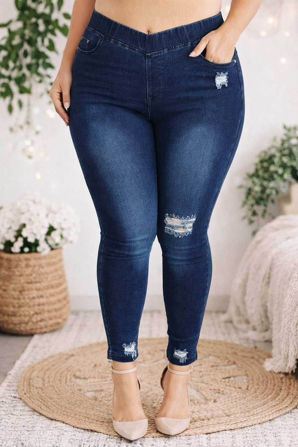 Distressed Dark Denim Skinny Stretch Jeggings