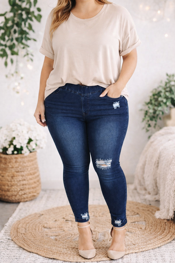 Distressed Dark Denim Skinny Stretch Jeggings