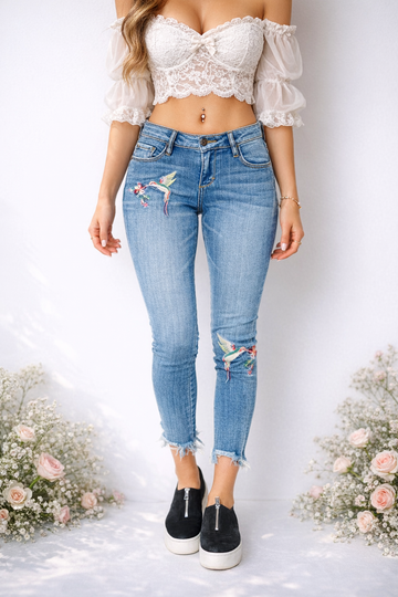 Hidden Jeans Hummingbird Embroidered Raw Hem