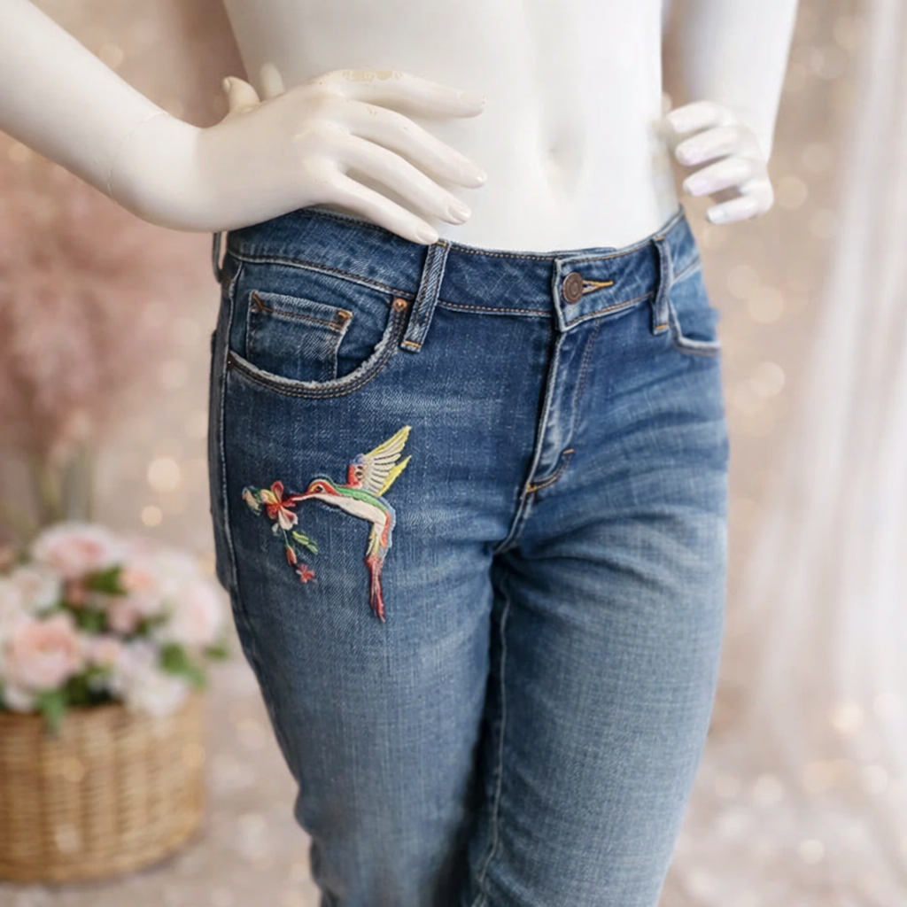 Hidden Jeans Hummingbird Embroidered Raw Hem