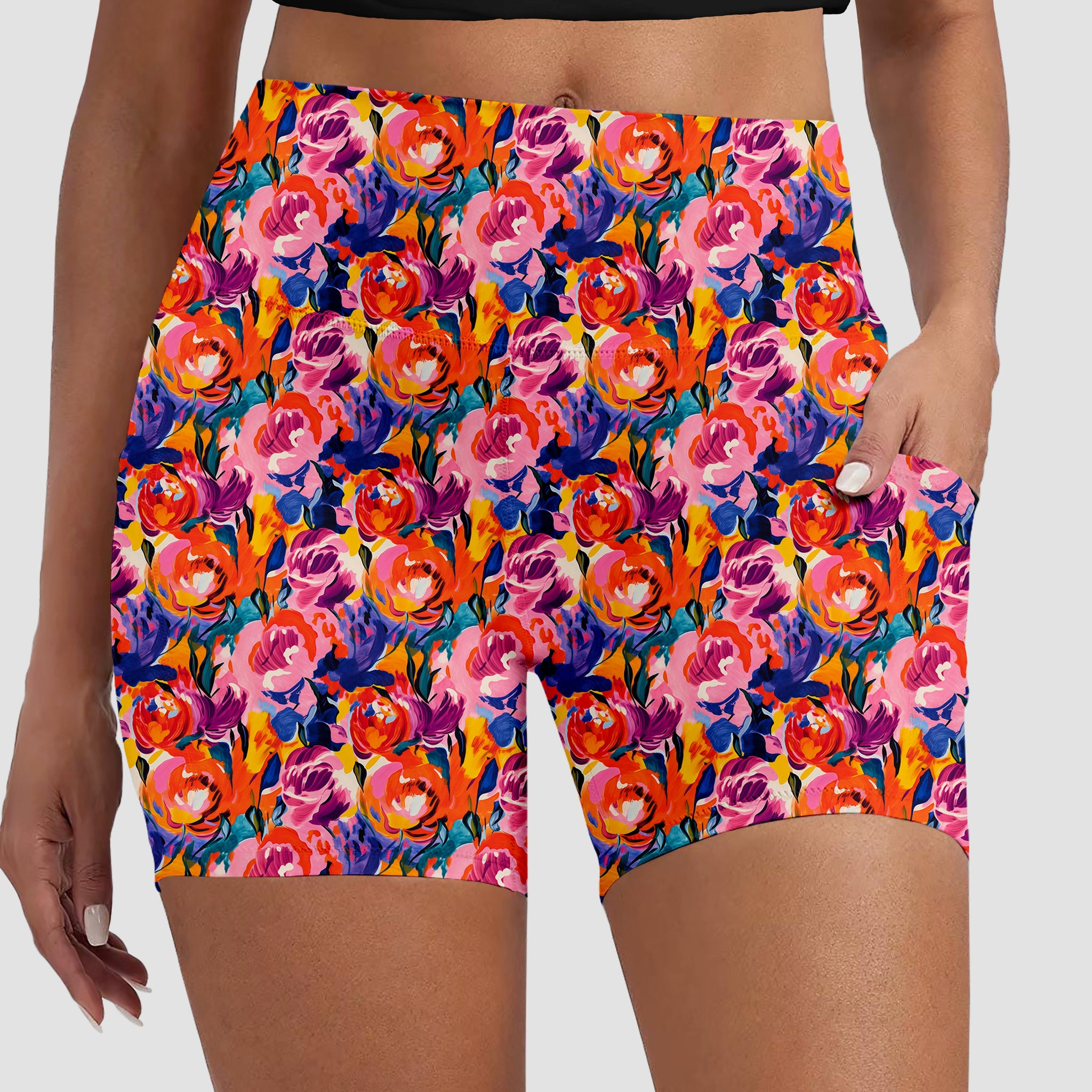 RTS - Colorful Abstract Flowers Biker Shorts w/ Pockets