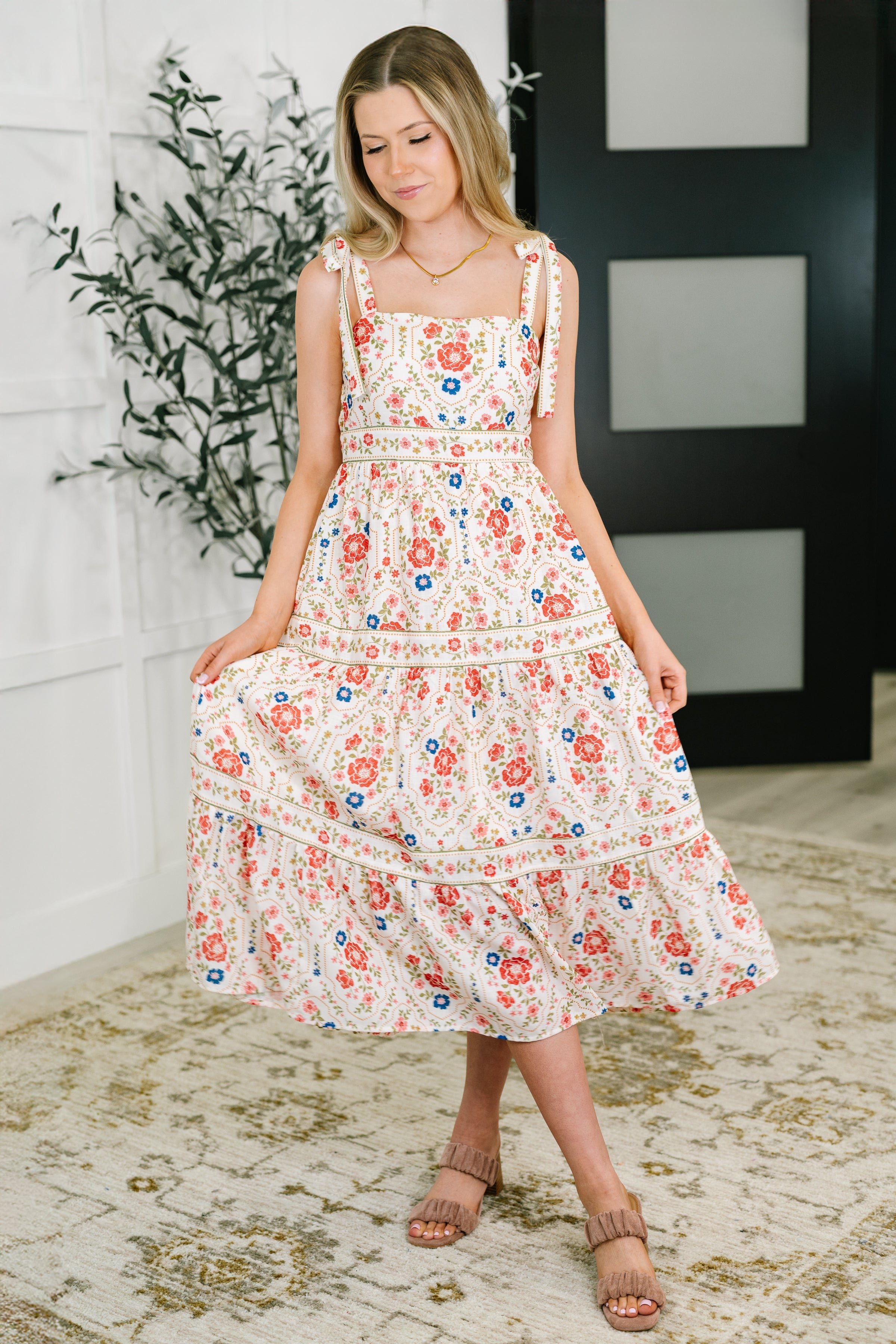 Country Crush Adjustable Strap Dress in Cream and Red
