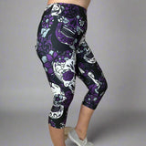 Large Sugar Skull Soft Capri Leggings w/ Pocket In Yoga Band