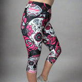 Large Sugar Skull Soft Capri Leggings w/ Pocket In Yoga Band