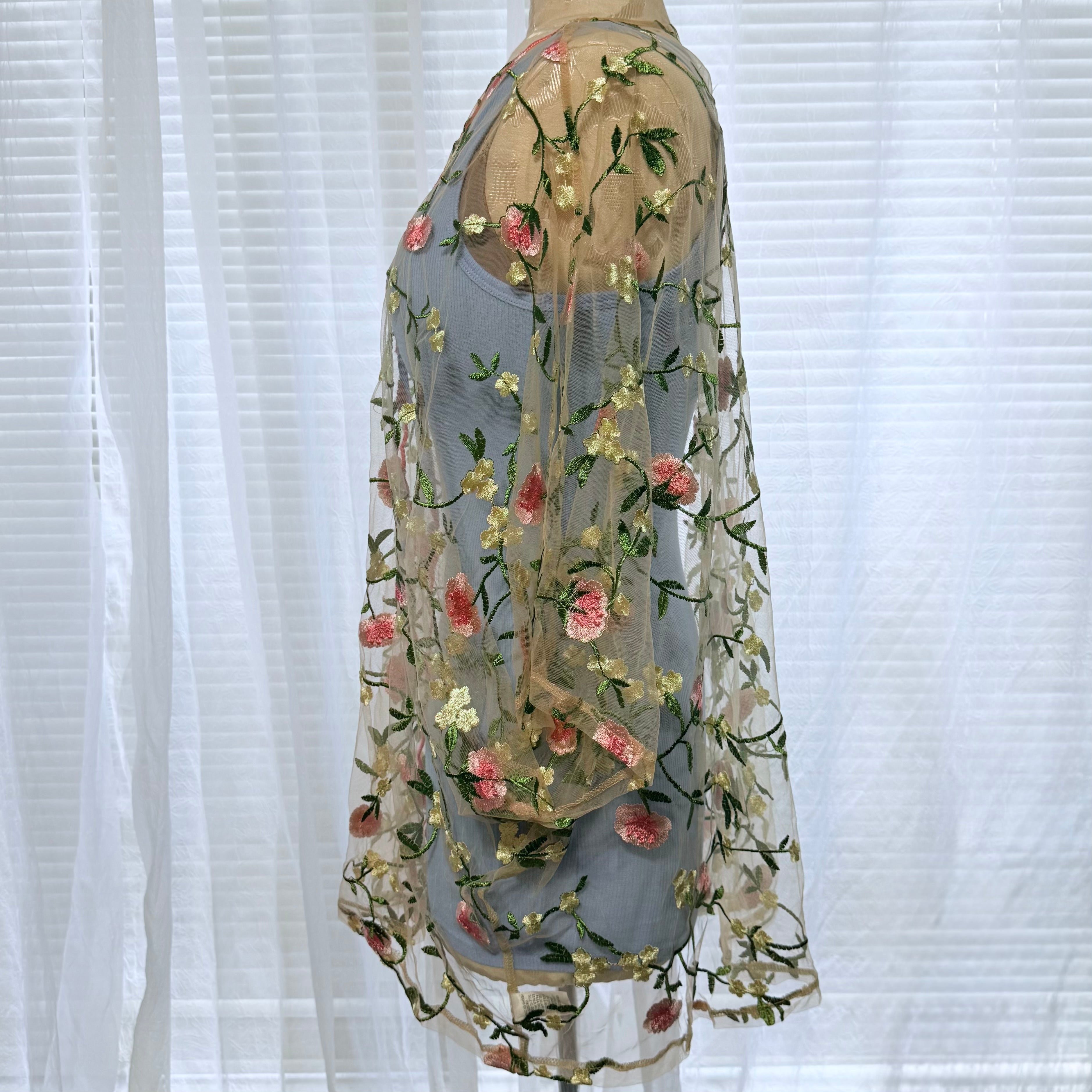 Sheer Floral Embroidered Open Front Kimono